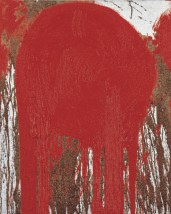 Hermann Nitsch, Kleines Schüttbild, 1991 / 100 x 80 cm / Blut und Öl auf weißgrundierter Jute / © VBK, Wien, 2010 / Fotonachweis: © Essl Museum Klosterneuburg / Wien
